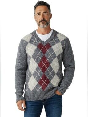 Vintage Parkhurst Wool Argyle V-Neck Grandpa Sweater Academia Grey Burgundy L